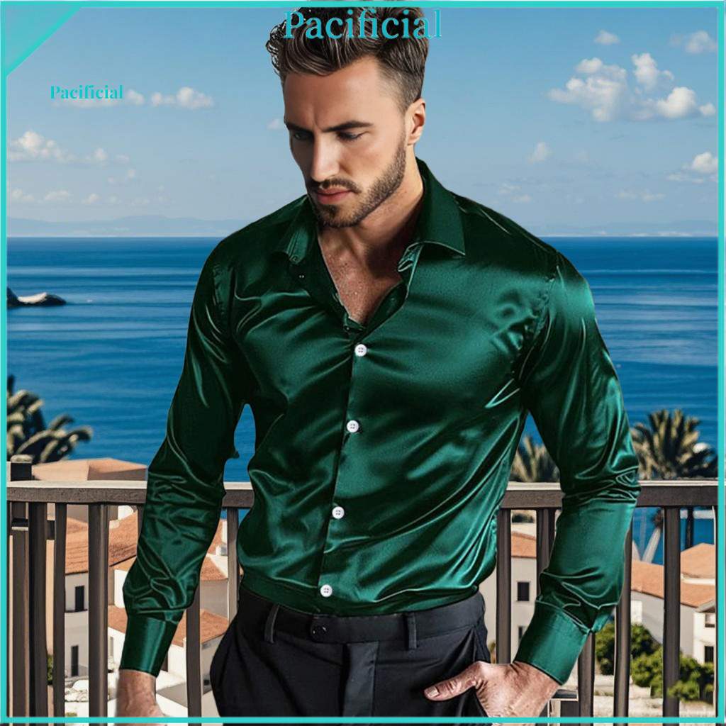 Professional Men Shirt Men’s Satin Glossy Long Sleeve Dress – Solid Color Lapel Button-down Business for Office Wedd