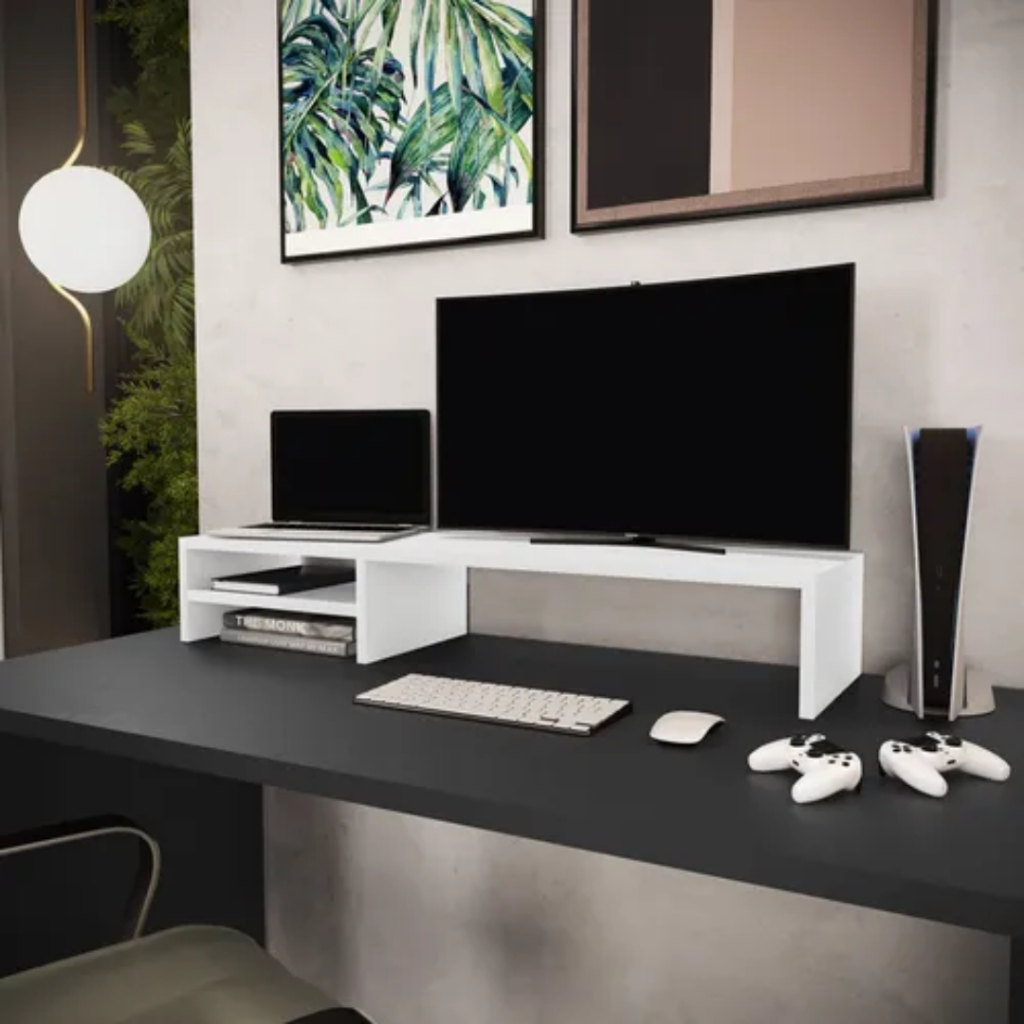 Suporte Para Monitor 90x25x15cm Mdf Com 2 Prateleiras Organizadora Escritório Mesa