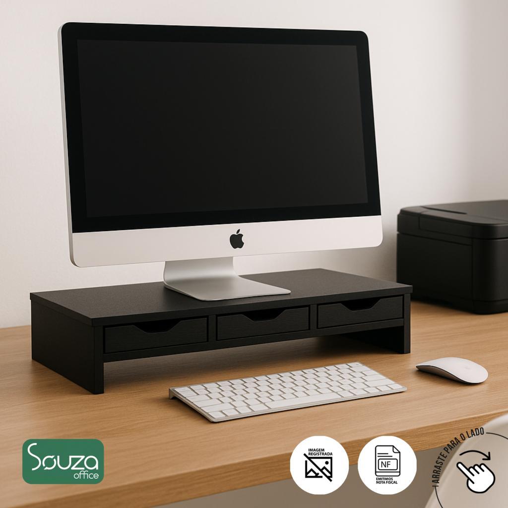 Suporte Para Monitor 3 Gavetas Home Office De Mesa Escritório Em Mdf Black Piano