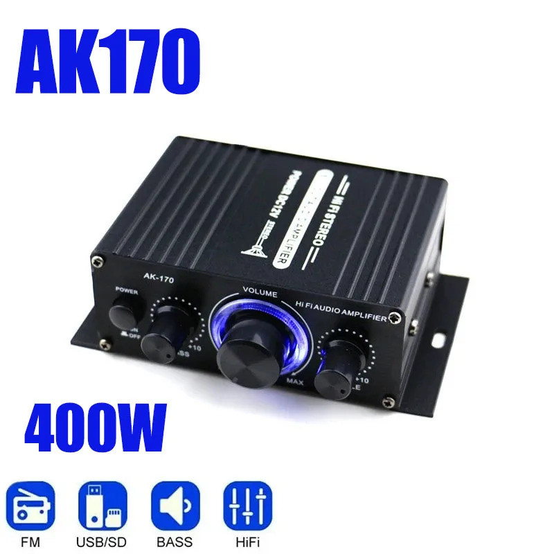 AK170 Mini Digital Power Audio Car Amplifier Blue Light Stereo Audio Amplifier for Home Theater Club Party Music 200Wx2