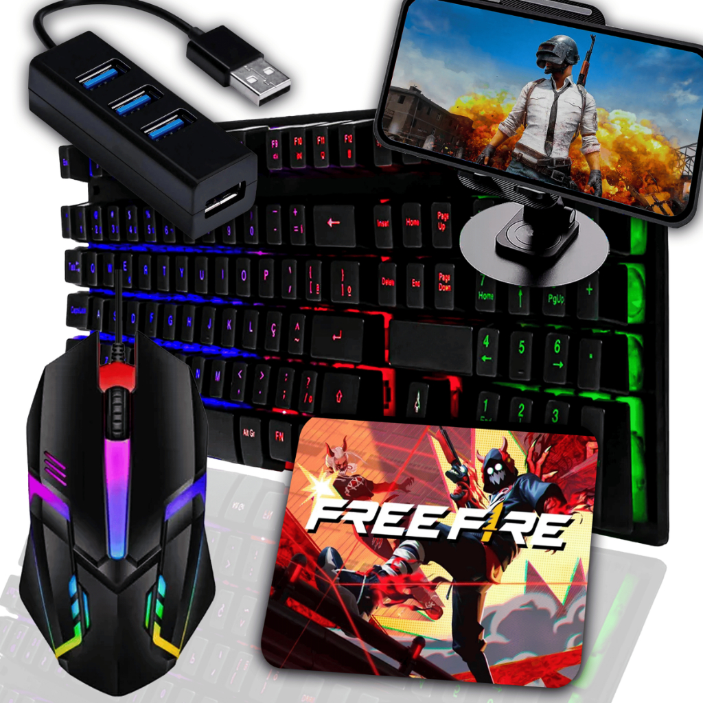 Kit Mobilador Gamer Barato RGB 6 Itens Para Celular Mouse Teclado Mecanico Mouse Pad Tripé HUb USB