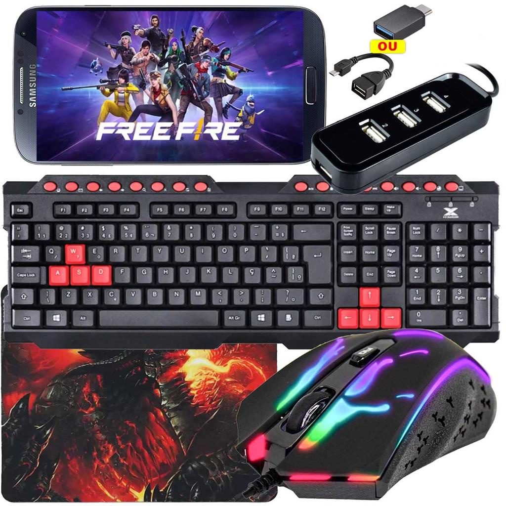 Kit Mobilador Gamer p/ Celular com Teclado Vermelho + Mouse + HUB USB + OTG