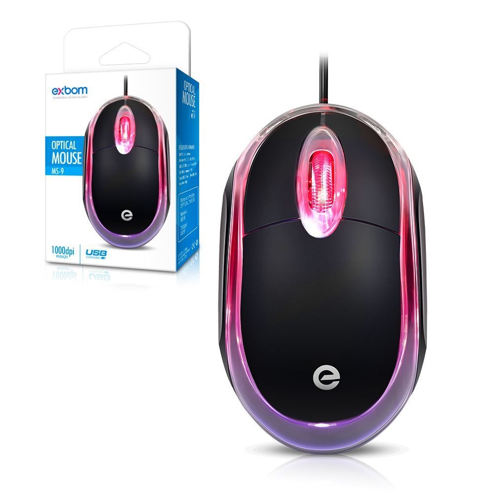 KIT 10UN Mouse USB com LED 1000Dpi mini ms-9 exbom preto