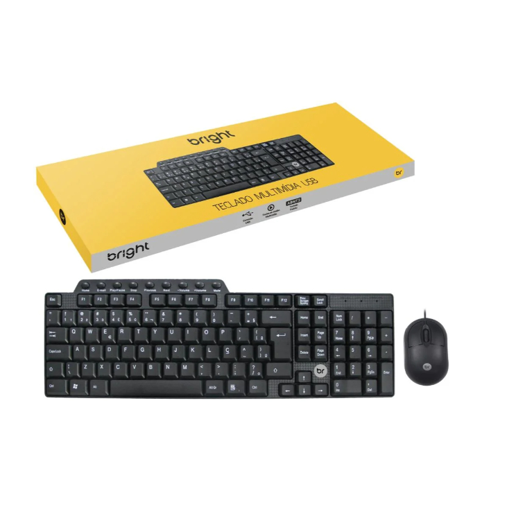 Kit Teclado Preto USB e Mouse Optico com Fio - Bright