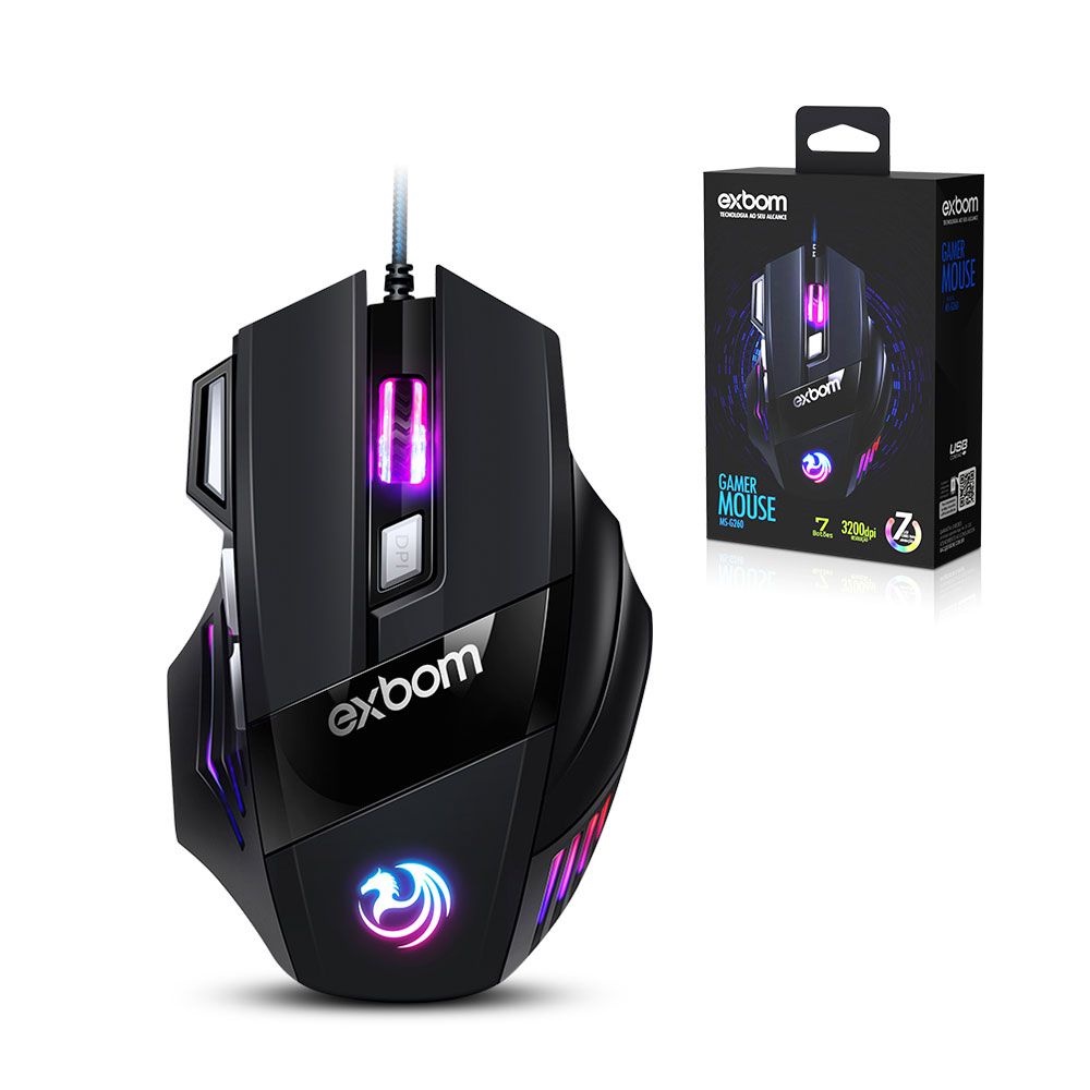 Mouse Gamer 3200 dpi Com Fio USB 7D Extreme 7 Cores MS-G260 EXBOM