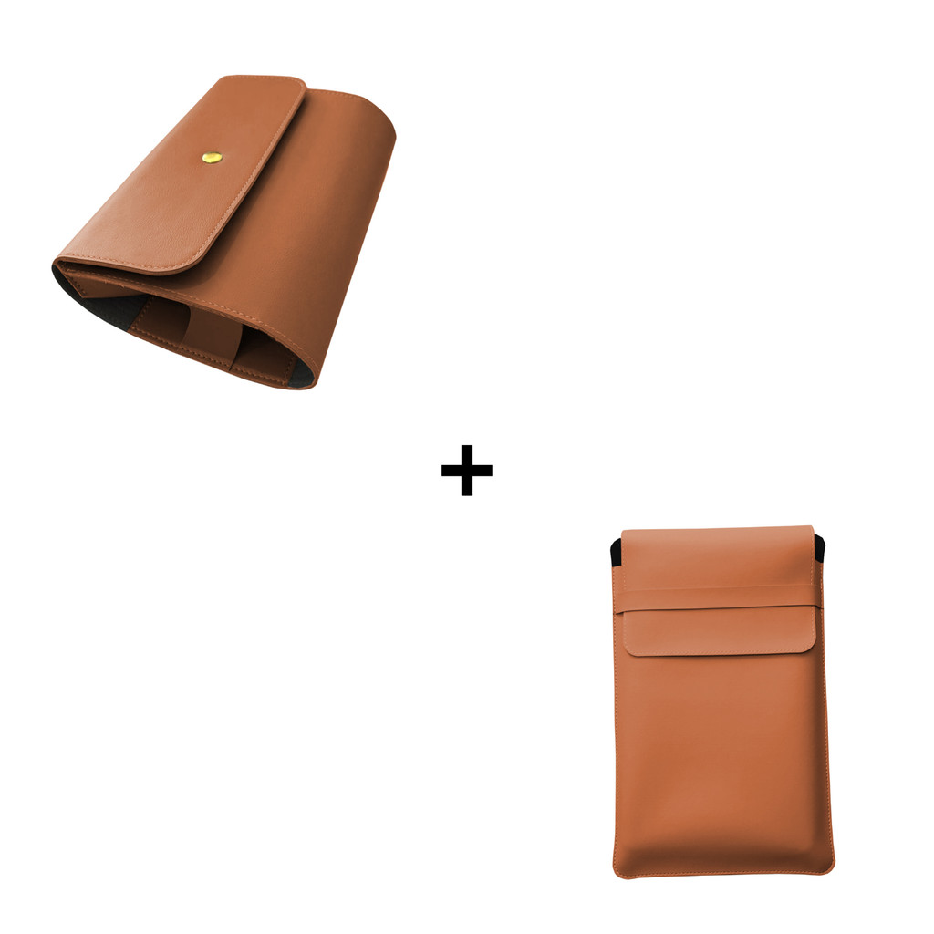 Kit Caramelo – Pasta + Estojo para Mouse e Carregador em Couro Sintético