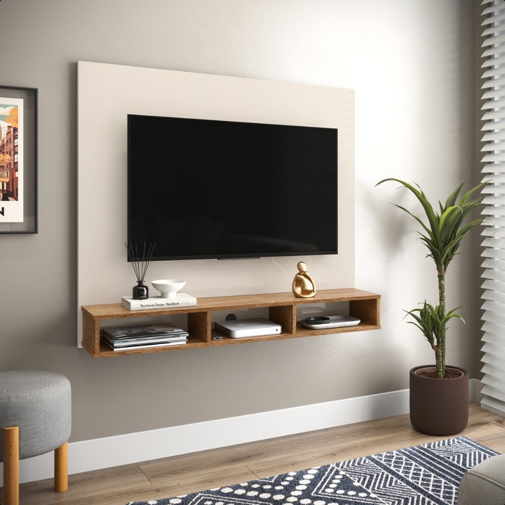 Painel Sala Para TV Até 50 Polegadas Decoração Smart Plus Liso - Cor Off White Com Nature Lojas GB