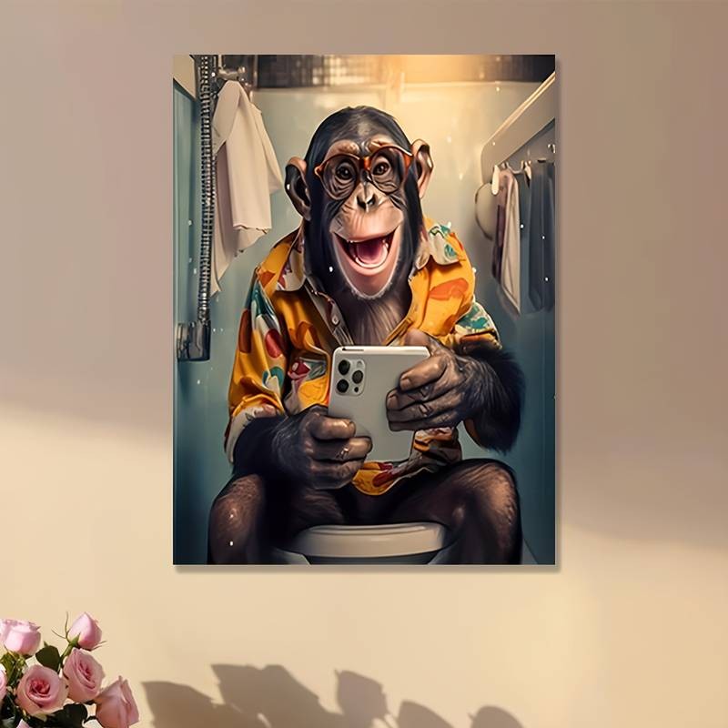 Quadros Decorativos Macaco fofo no banheiro com smartphone,para casa,Banheiro ,sala, escritório ou decoração de café