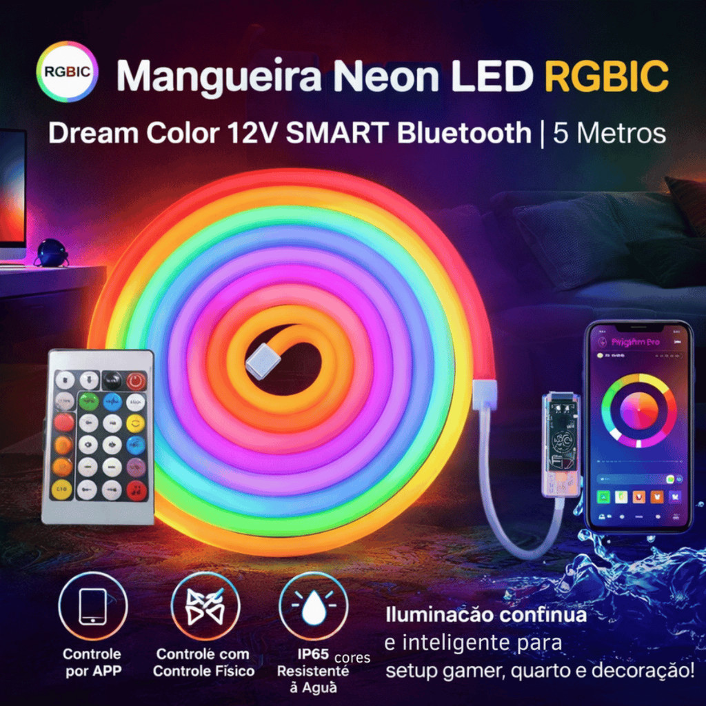 Mangueira LED 5m Neon 3535 RGBIC Dream Color  12V SMART por Celular/Bluetooth IP65 Flexível Dimerizável para Decoração