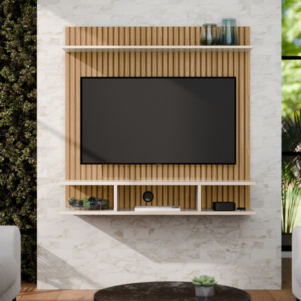 Painel Suspenso para Tv até 32 Polegadas Moderno 90x90cm com Nicho e Prateleira