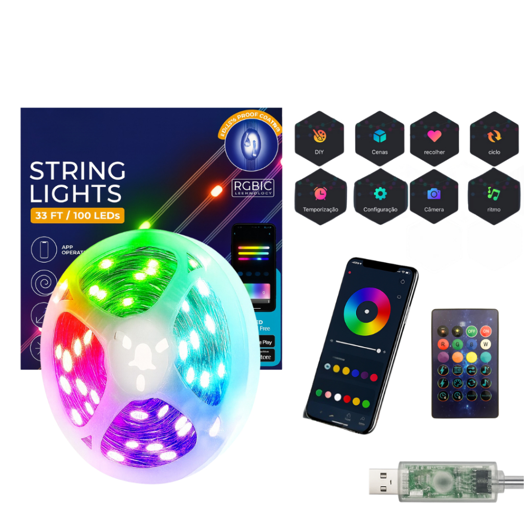 Cordão 100 Led RGBW Smart 10 Metros USB BIVOLT APP Decoração