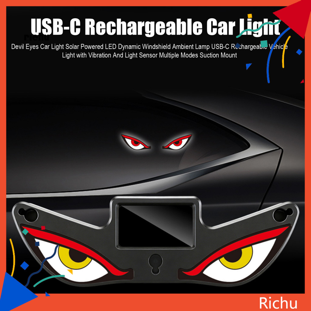 Sensor Car Light Lamp Devil Eyes Solar Powered Led with Vibration Usb-c Rechargeable Dynamic Windshield Ambient for Vehi