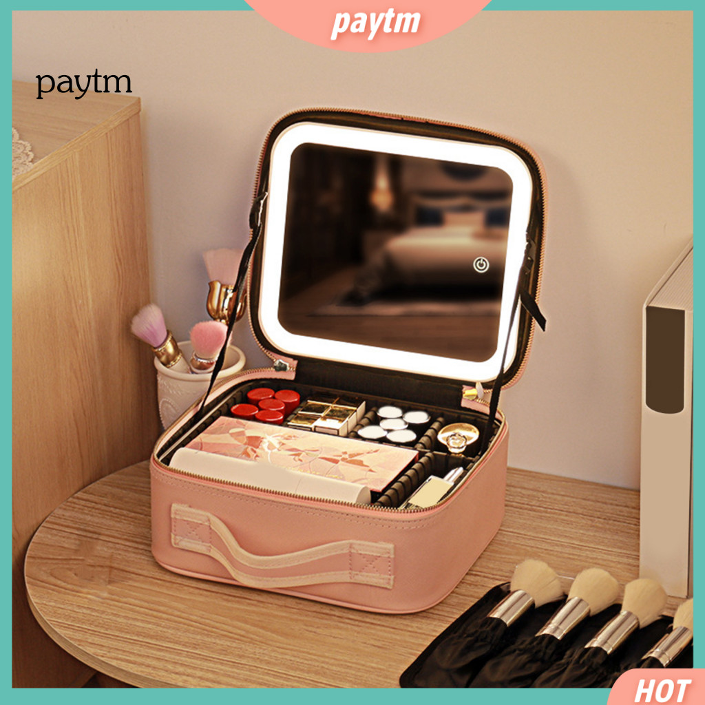 Portable Makeup Storage Travel Bag with Led Mirror Usb Rechargeable Light-up Cosmetic Organizer Adjustable Dividers 3 Co