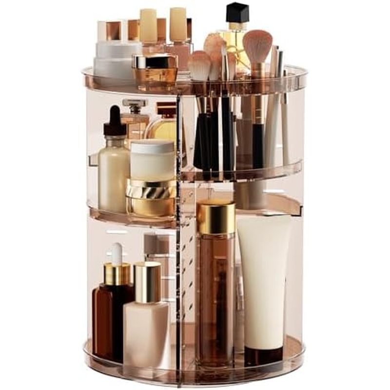 Rotating Makeup Organizer, DIY 8 Adjustable Layers Spinning Skincare Organizer, Cosmetic Display Case with Brush Holder