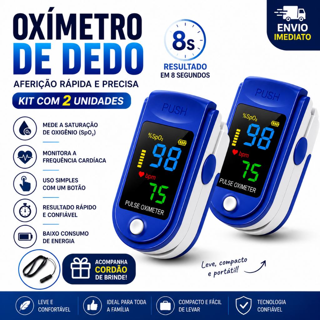 Oxímetro Digital de Dedo Portátil LED Medidor SpO2 Saturação de Oxigênio e Frequência Cardíaca Monitor de Pulso com Tela