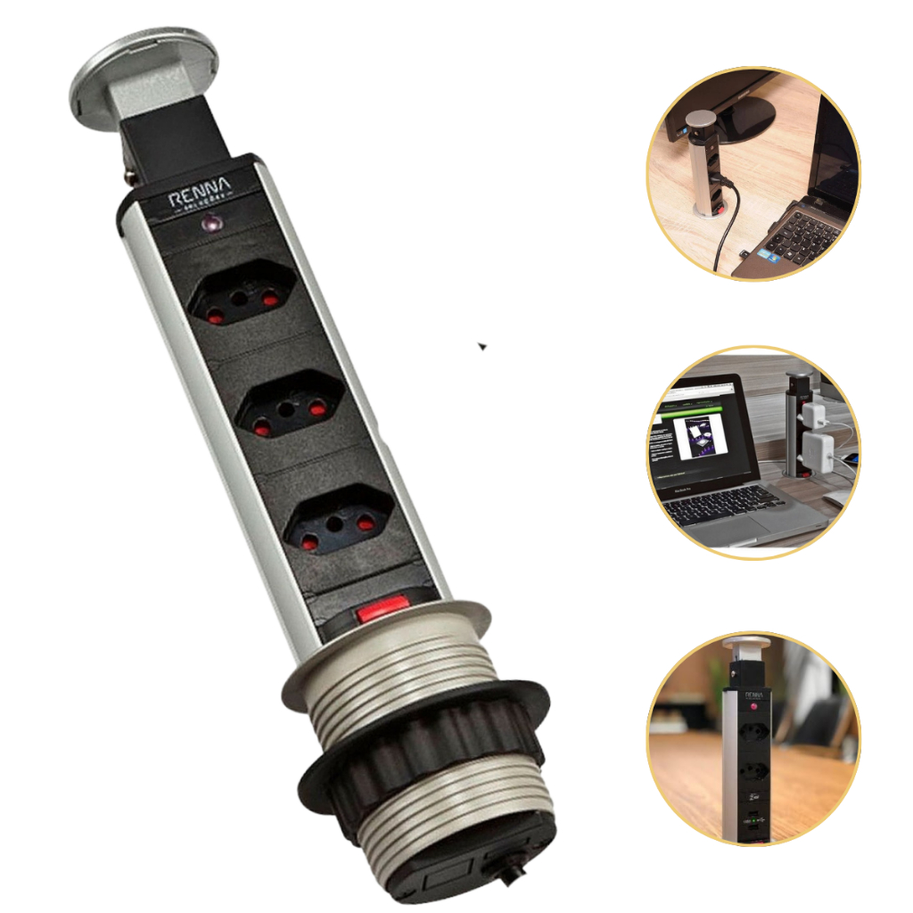Torre de 3 Tomadas Padrão 20A Vertical Embutir Retrátil  Bancada Mesa Escritório 127/220v 3500W - Corrente Nominal 16A