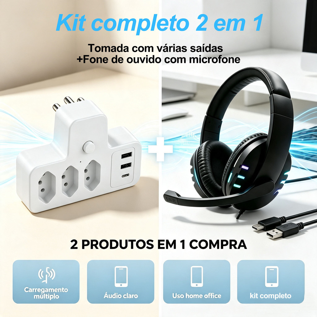 Kit 2 em 1: Extensão Tomadas c/ USB-A + Type-C Bivolt + Headset Gamer com Microfone para PC, Notebook e Jogos