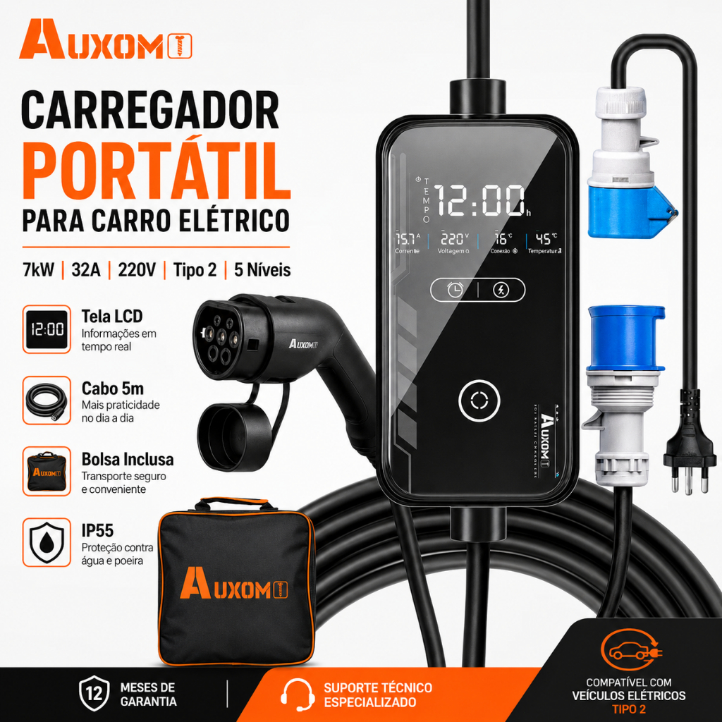 AUXOM Portable Electric Car Charger 7kW 32A 220V Type 2 - 5 Levels Adjustable Current