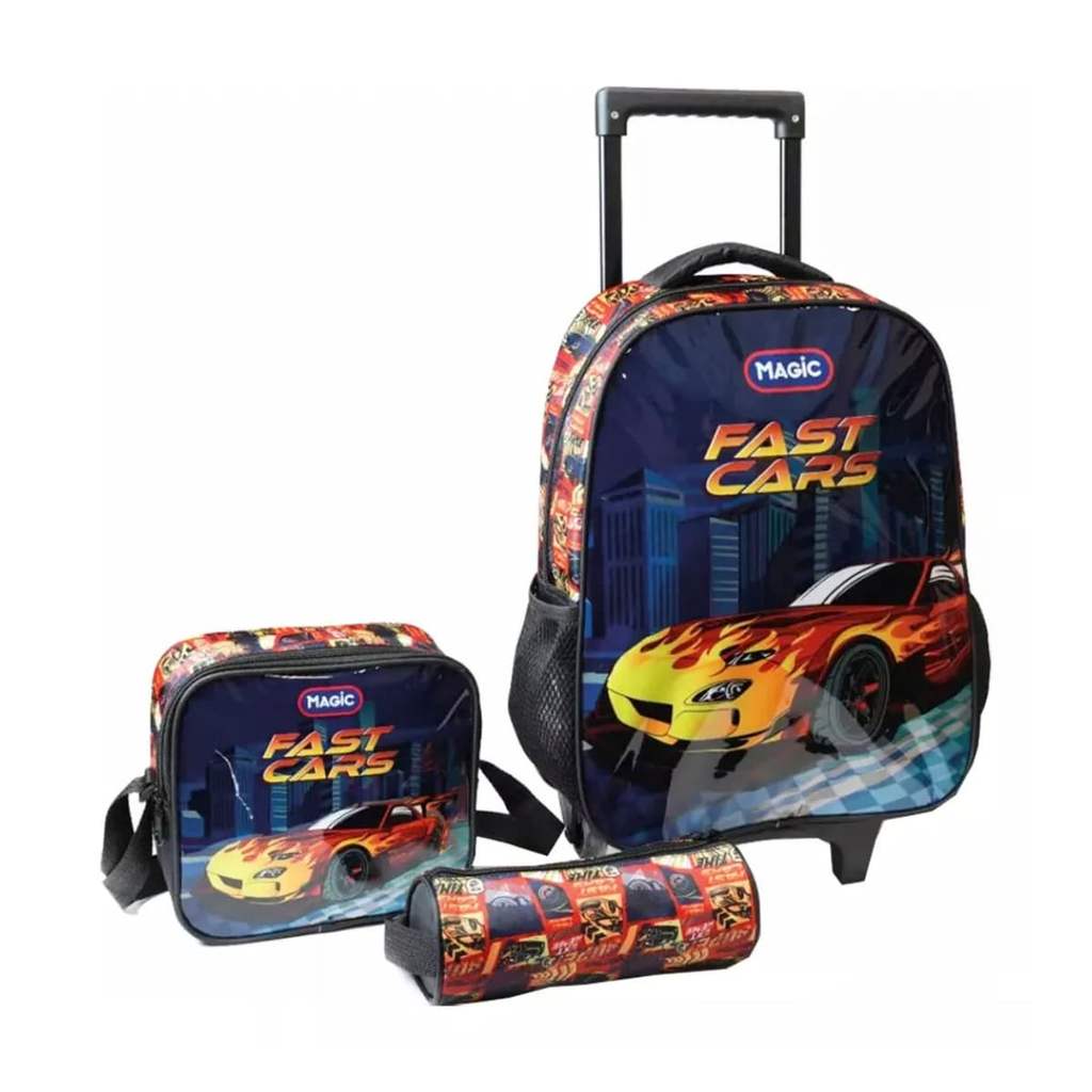 Kit Mochila Rodinhas com Lancheira e Estojo Fast Cars Preta