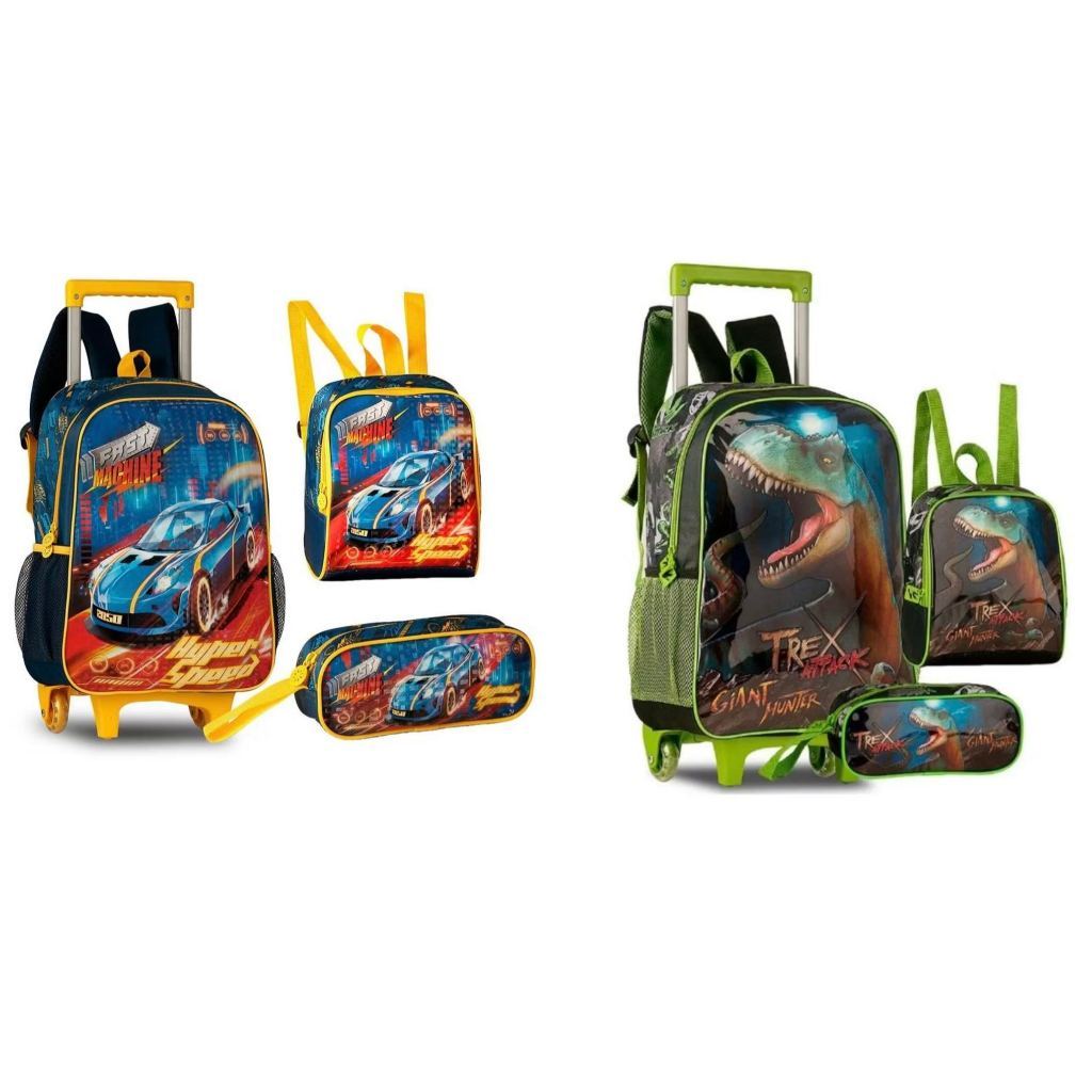 Kit Mochila Escolar com rota Fast Machine e Dinossauro clio