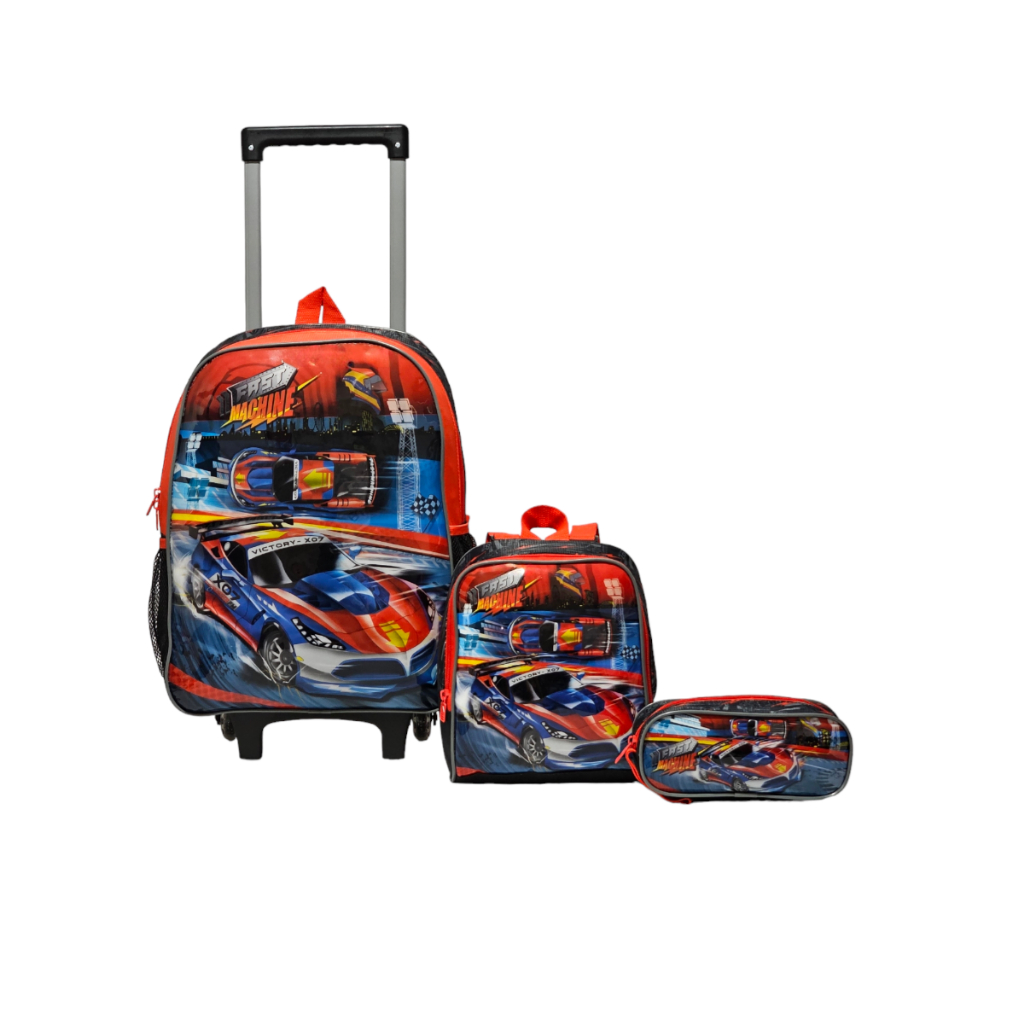 Kit Mochila De Rodinha Escolar Infantil Fast Machine Carros