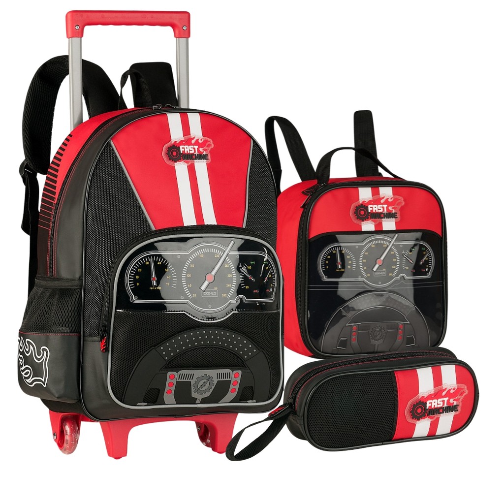 Kit Mochila De Rodinhas C/ Estojo e Lancheira Térmica Escolar Infantil Fast Machine Carros Volta às Aulas - Clio