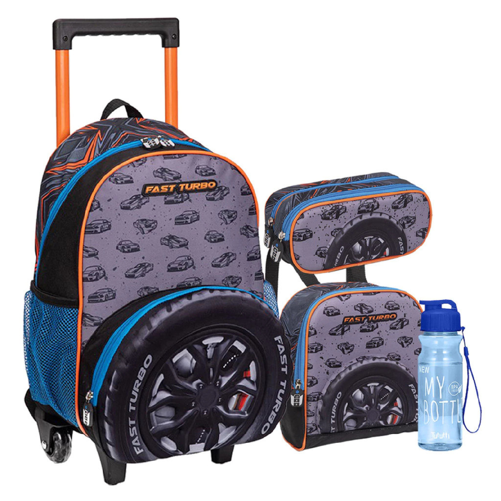 Kit Mochila de Rodinhas Fast Turbo Laranja IN2577-KG Nova Rio 4 Peças
