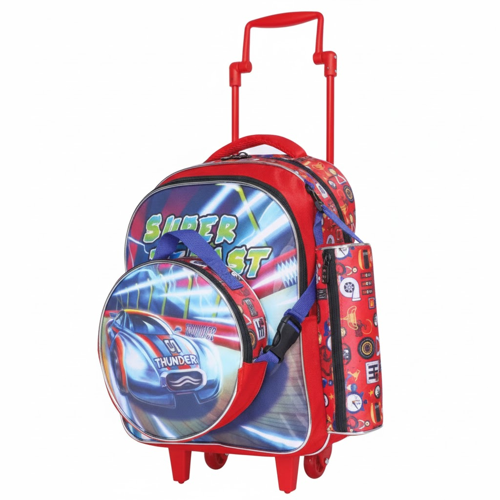 Kit Mochila de Rodinha + Lancheira + Estojo Super Fast Vermelha – Wincy – Infantil Escolar