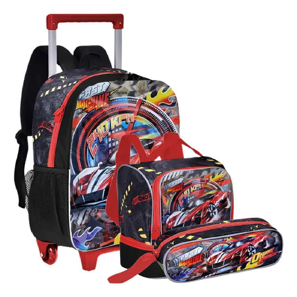 Kit Mochila De Rodinha Carros Fast Machine Infantil Meninos