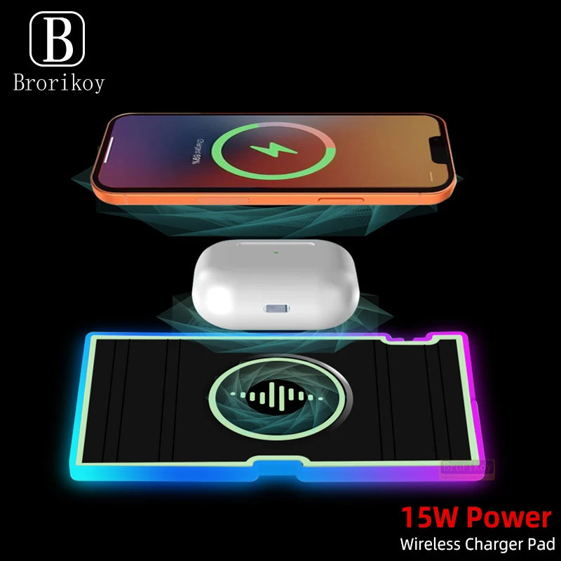 RGB Lights Portable Car Silicone Wireless Charging Pad for 16 15 14 S24 Fast Wireless Phones Charging Pad