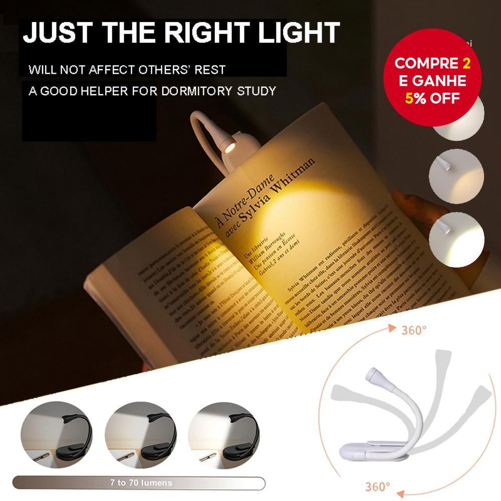 Luz de livro portátil com LED, recarregável via USB, proteção para os olhos, luz noturna para leitura, mini clipe 360°,