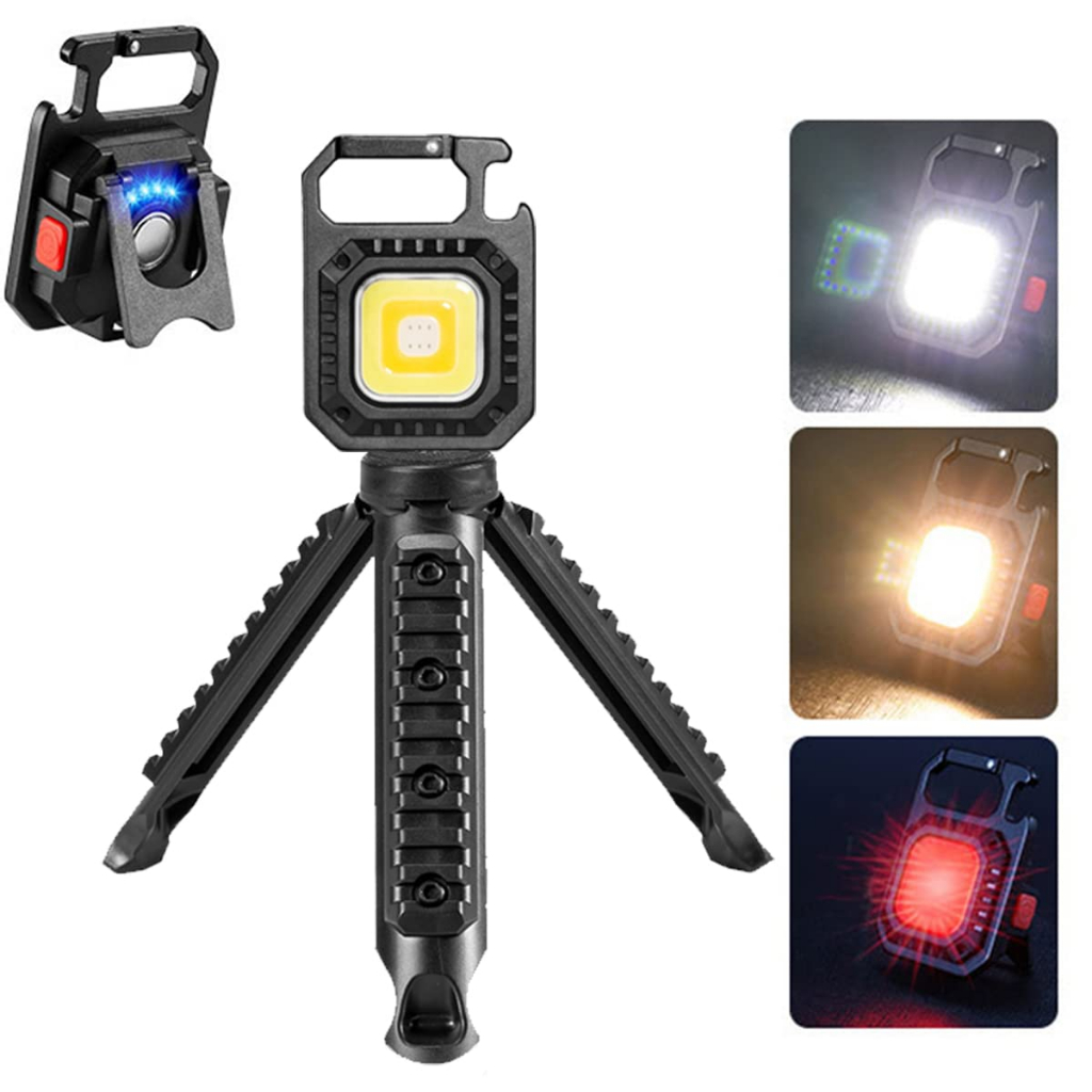 Mini Refletor Chaveiro Lanterna Led Forte Recarregável + Tripé 5 Em 1