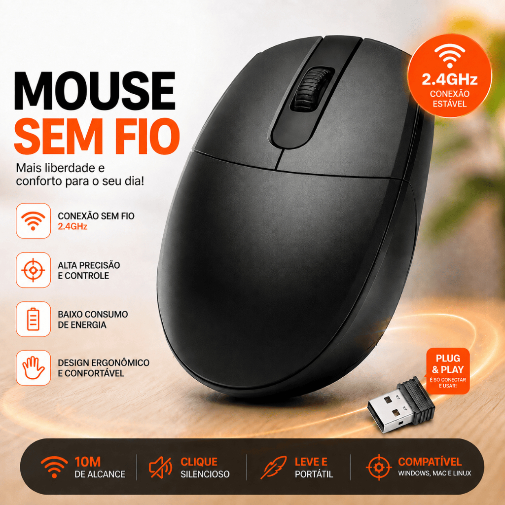 Mouse Sem fio Wireless Ergonômico 2.4G/BT Recarregável Tipo-C Silencioso Bluetooth