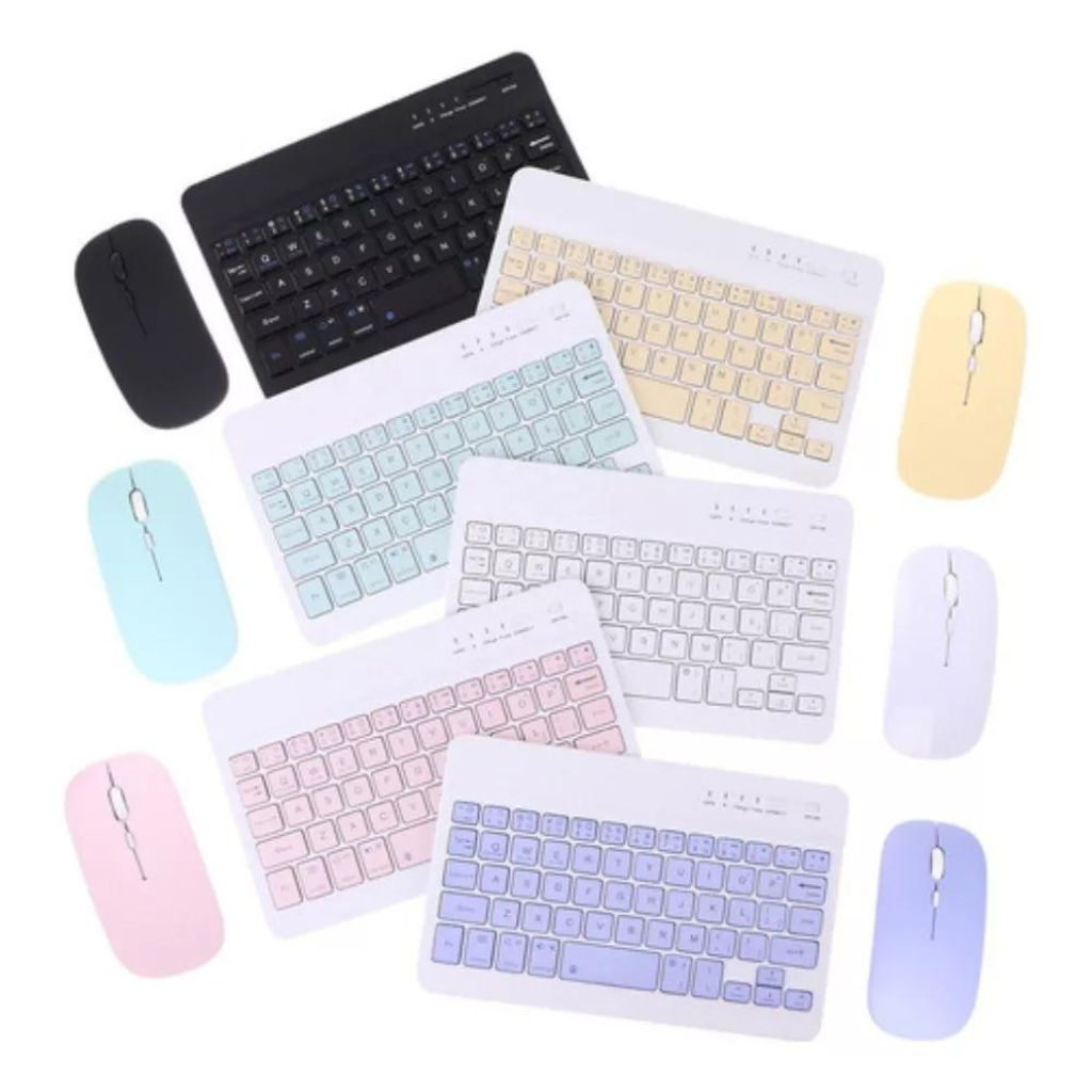 Kit Teclado Mouse Sem Fio Recarregável Colorido Bluetooth Tablet Notebook Macarron Portátil