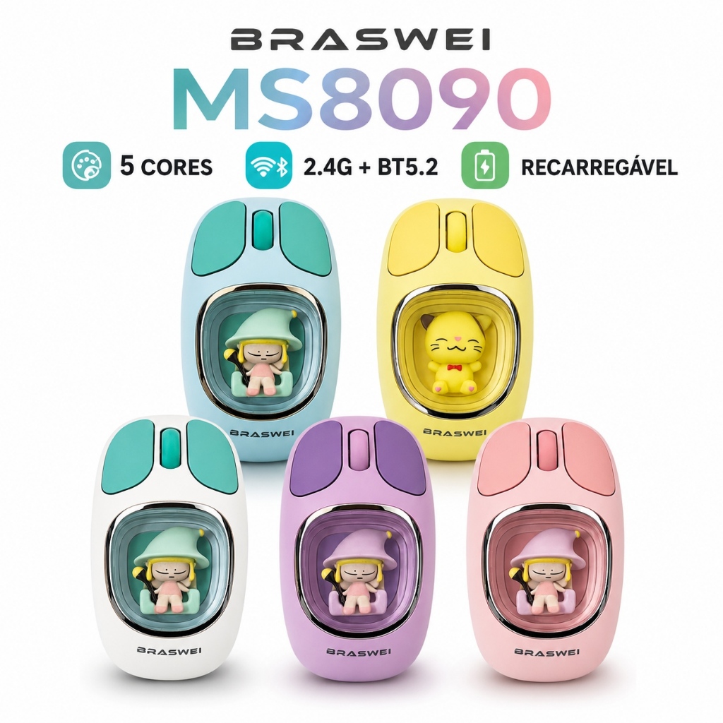Mouse Sem Fio Bluetooth 5.2 Recarregável USB-C Silencioso 3 Modos com Receptor 2,4G MS8090 BRASWEI