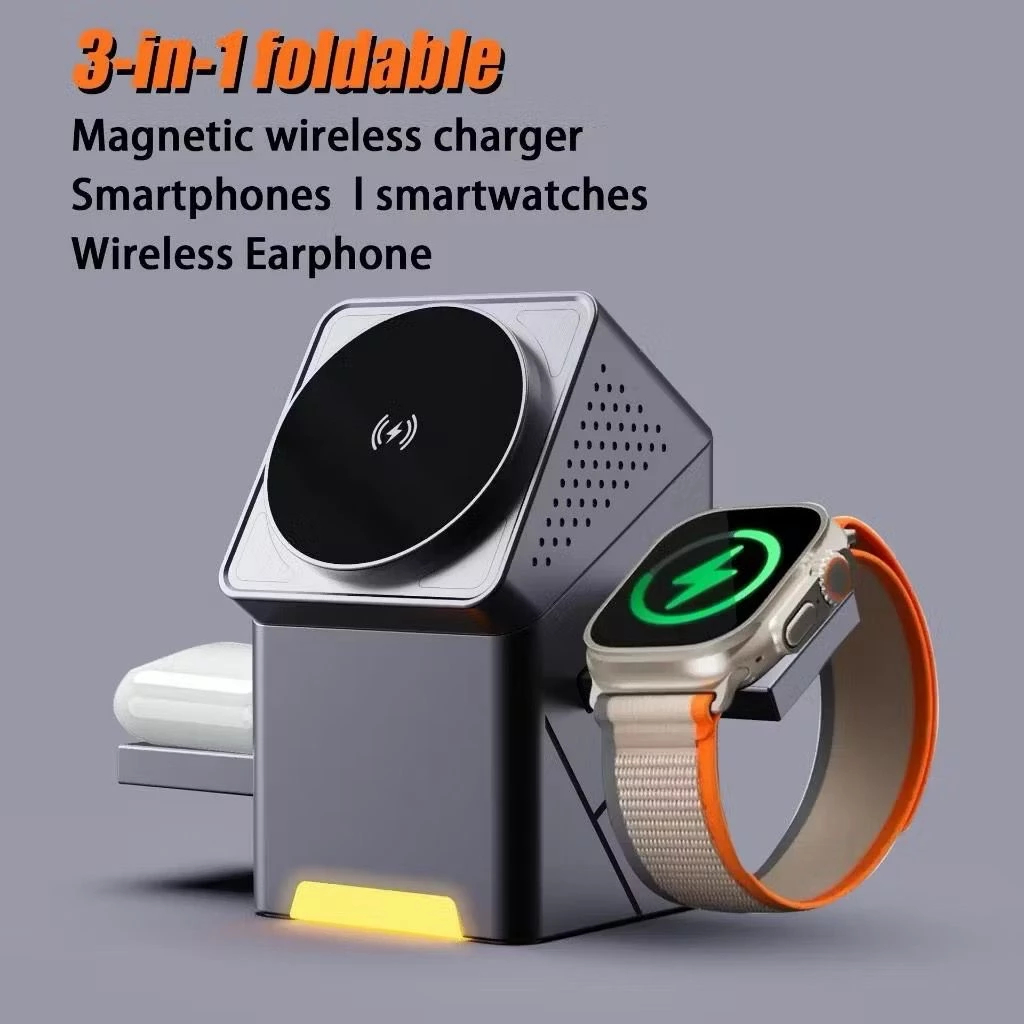 Carregador Wireless 3 em 1 Magnético 15W Carregamento Rápido Base Dobrável 360° para Smartphone Relógio e Fone