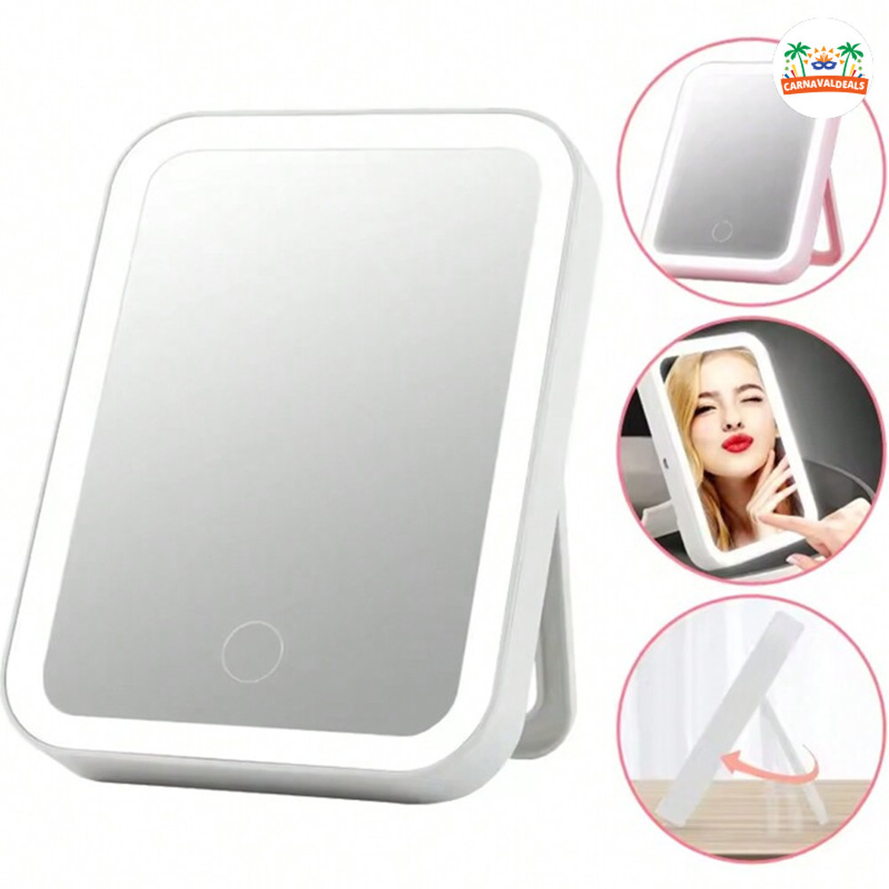 Espelho de Bancada LED com 3 Níveis de Luz, Controle Touch e Design Recarregável (USB/Wireless)