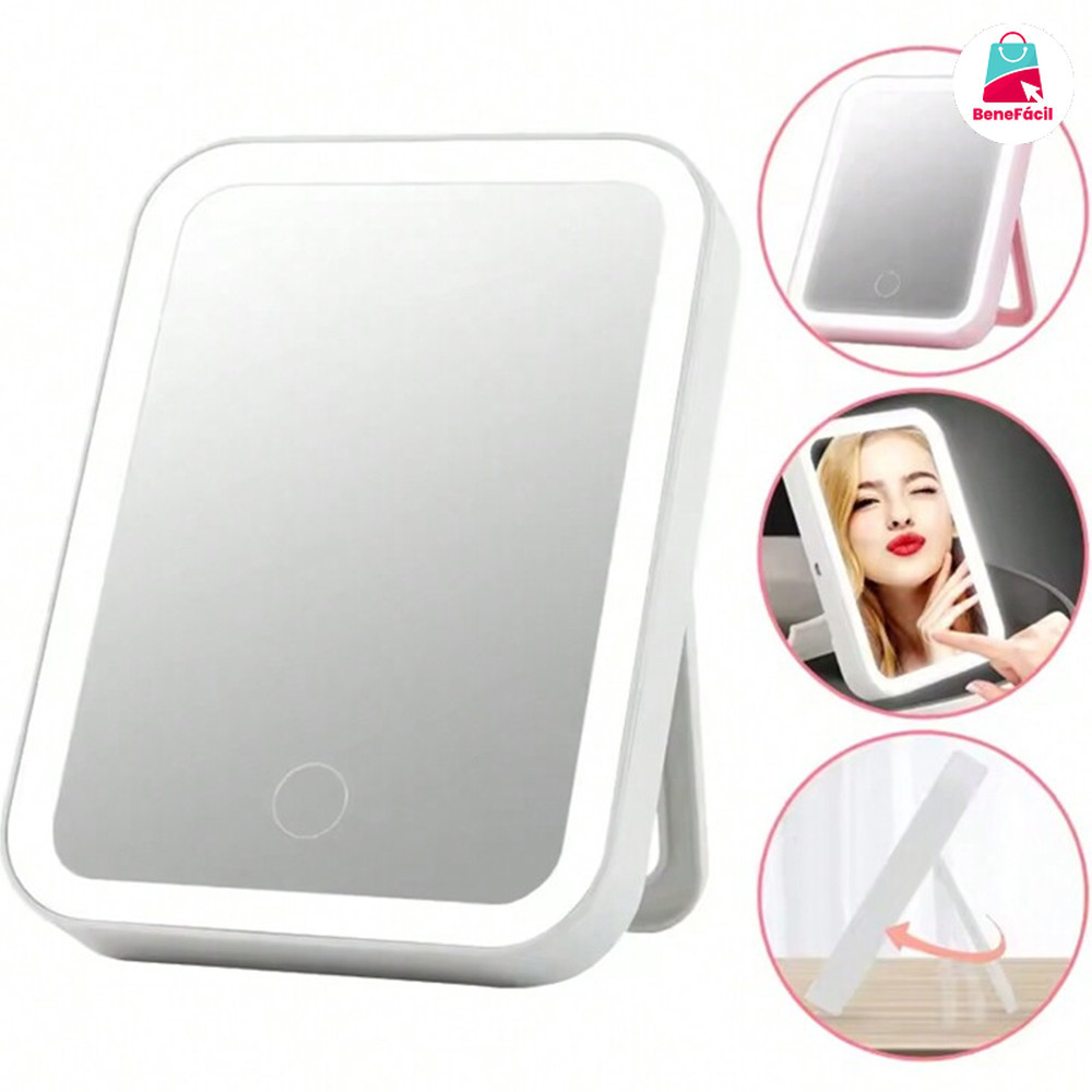 Espelho de Bancada LED com 3 Níveis de Luz, Controle Touch e Design Recarregável (USB/Wireless)