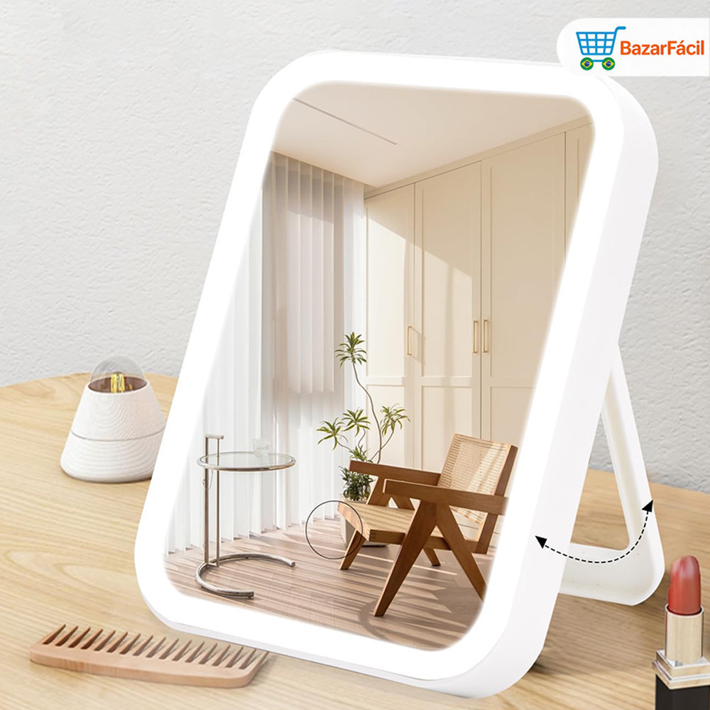 Espelho de Bancada LED com 3 Níveis de Luz, Controle Touch e Design Recarregável (USB/Wireless)