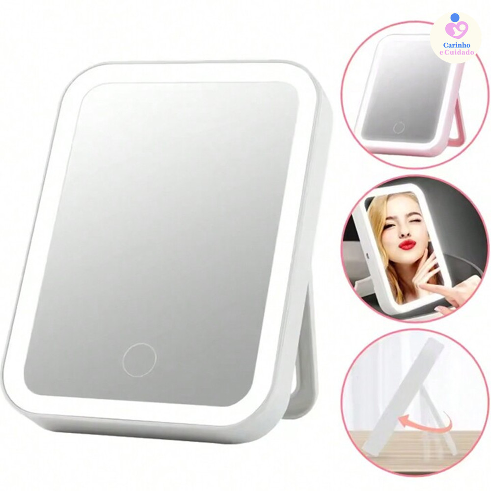 Espelho de Bancada LED com 3 Níveis de Luz, Controle Touch e Design Recarregável (USB/Wireless)