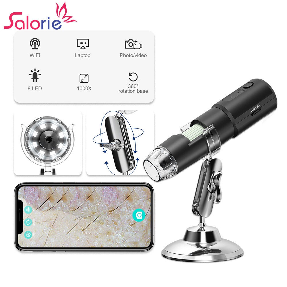 Salorie Wireless WIFI HD 1000X Microscópio Digital Câmera Endoscópio 8 LED Pele/Jóias/Lupa De Couro Cabeludo Com Suporte Metálico
