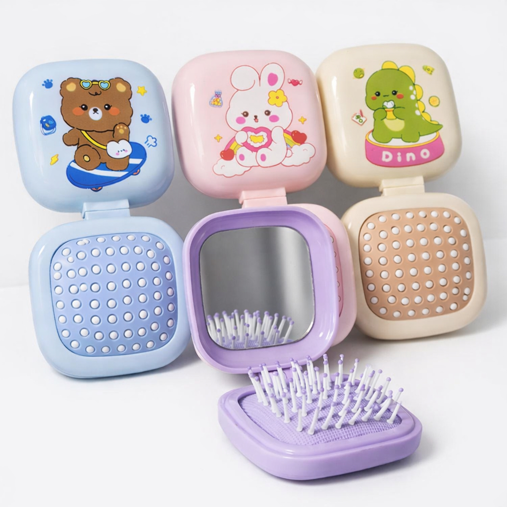 Escova Infantil Mini Dobrável Com Espelho De Bolso Para Cabelo Cerdas Macias Massageadora