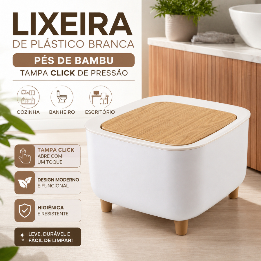 Mini Lixeira  Porta Algodão Com Pés de Madeira Com Tampa de Pressão 2L