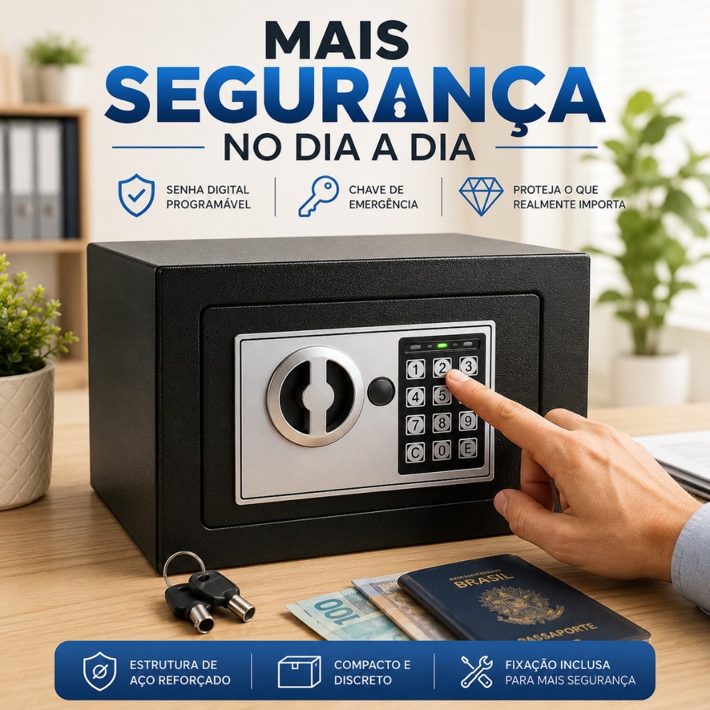 Cofre Digital Eletrônico Senha e Chave Segurança Luxo Preto | 2 Chaves Emergência | Joias e Dinheiro