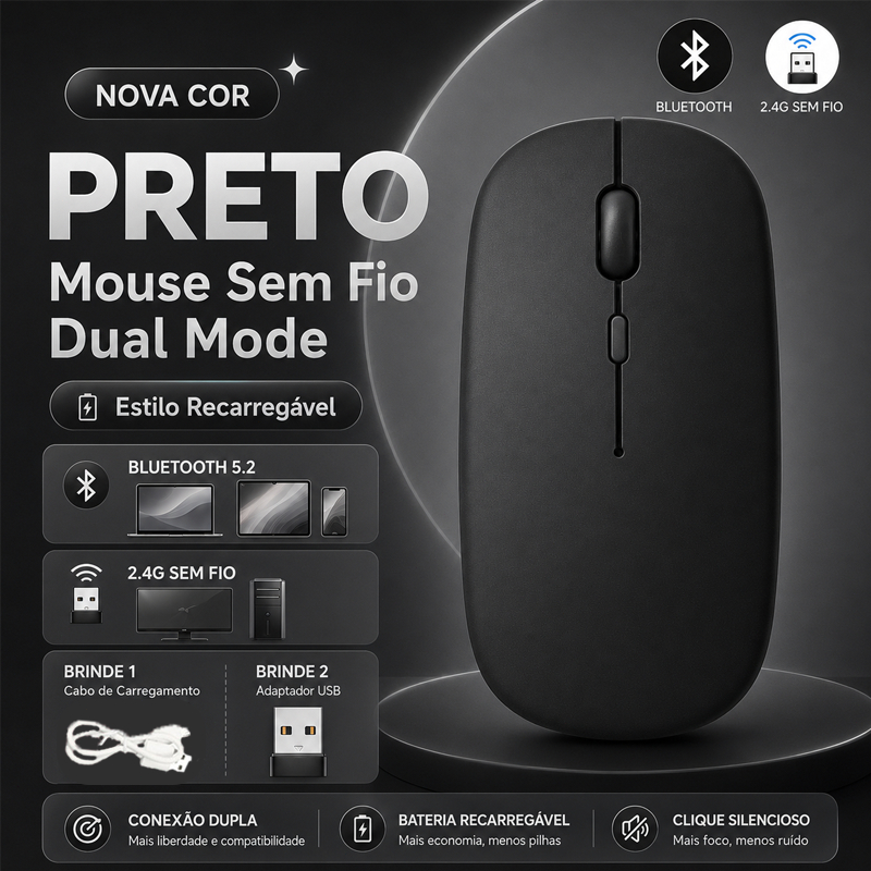 Mouse Bluetooth sem fio portátil 2 em 1 de modo duplo com carregamento USB, compatível com laptops, tablets e telefones