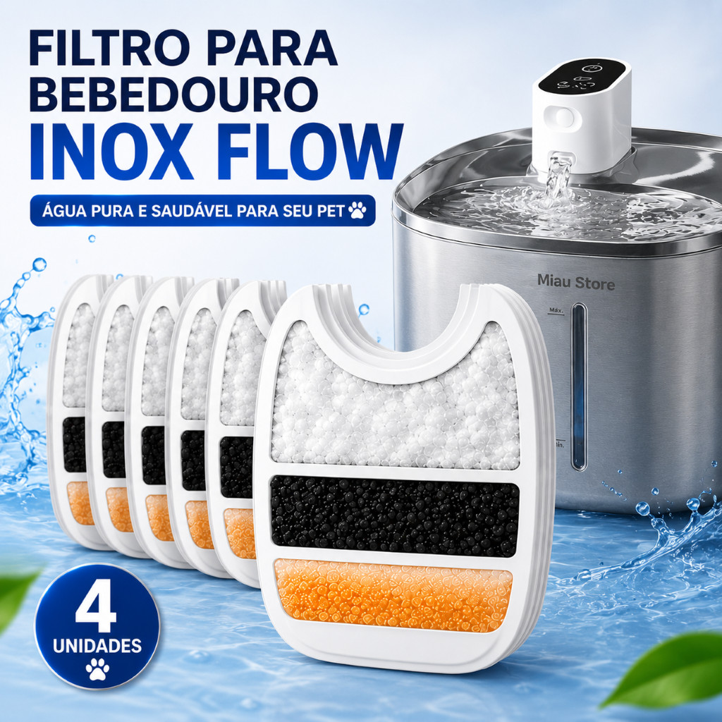 Filtro Purificador de Água Para Bebedouro Pet Wireless Inox Flow Kit 4 Refis Tripla Filtragem