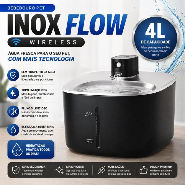 Bebedouro para Gatos Fonte de Água Pet Inox 4L Wireless Automático Silencioso para Cães e Gatos