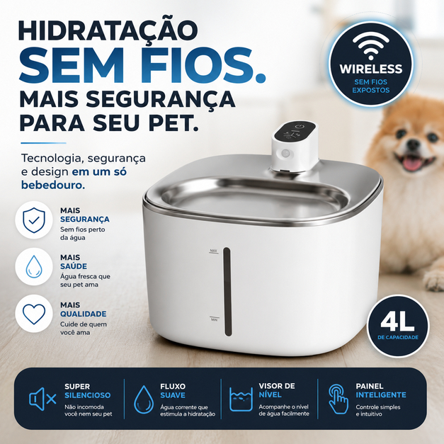 Bebedouro Pet Fonte de Água para Gatos e Cachorros 4L Sem Fio Wireless Inox Branco