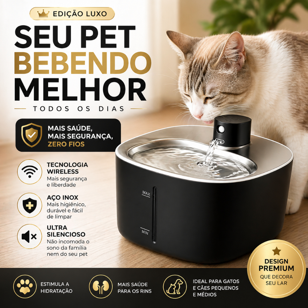 Bebedouro Pet Fonte Água Inox Wireless Sem Fio Silencioso Automático Gatos e Cães Luxo
