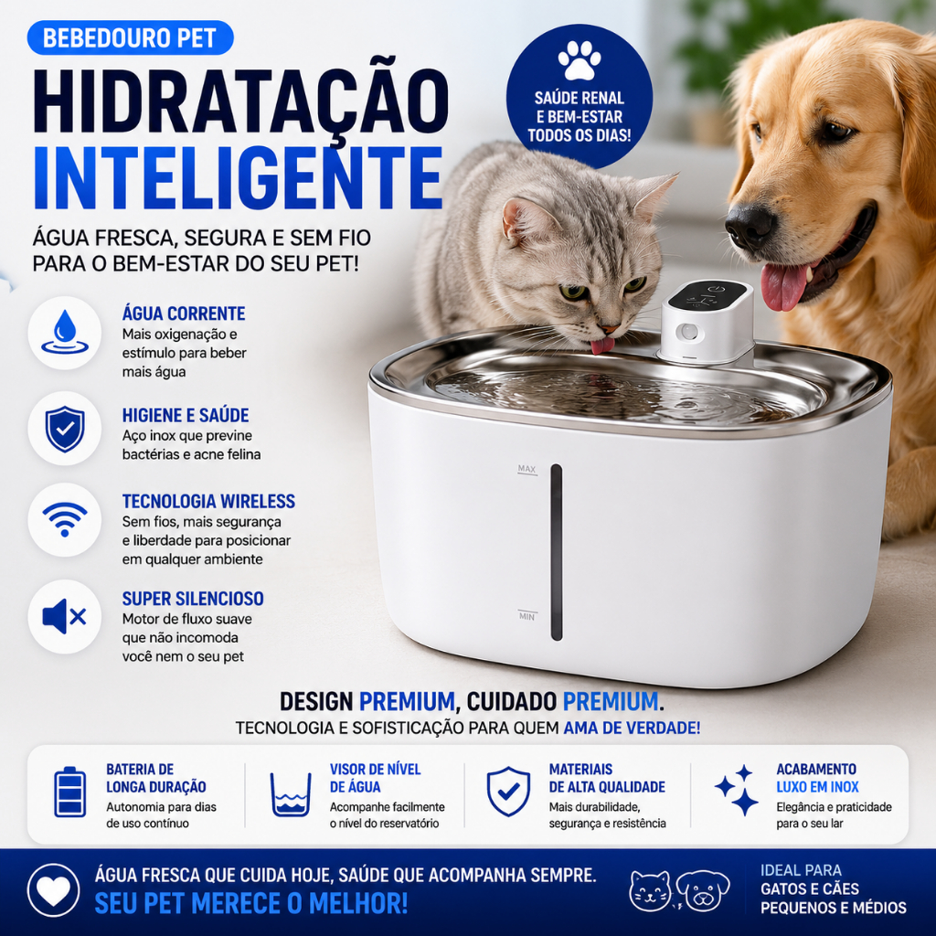 Fonte Bebedouro Pet Wireless Inox Flow Sem Fio Automático Gatos Cachorros Branco
